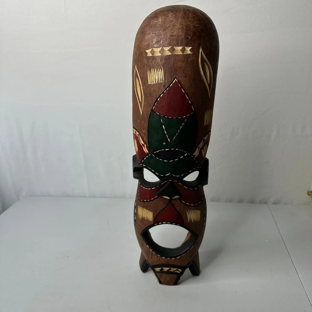 Hand Carved Wooden African Tribal Mask Wall Decor Hand Painted Folk Art 16 Inch